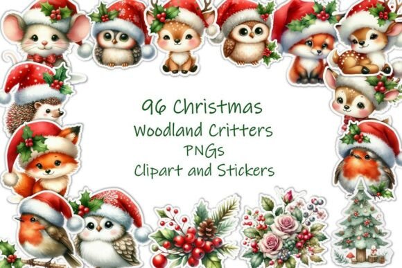 96 Christmas Woodland Critters PNG Illustrations