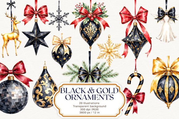 Black and Gold Christmas Tree Ornaments: Premium Illustrations