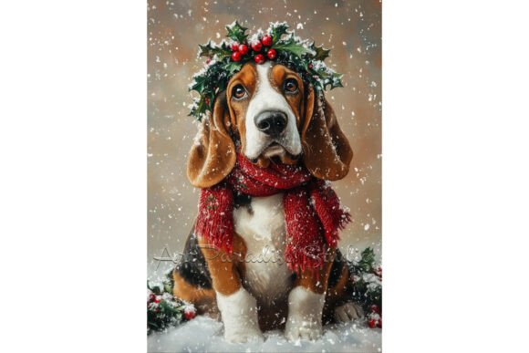 Christmas Basset Hound in Snow Art & Illustrations