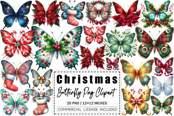 Christmas Butterfly Clipart Bundle: Festive Illustrations