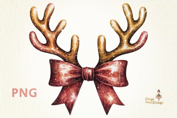 Christmas Glitter Antlers Bow Clipart for Illustrations