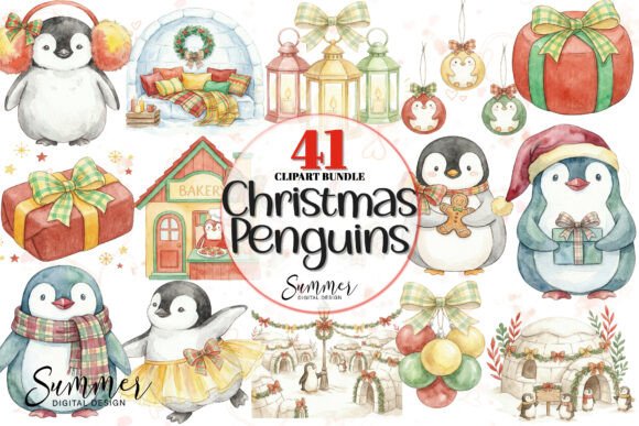 Christmas Penguins Festive Clipart Set: Illustrations