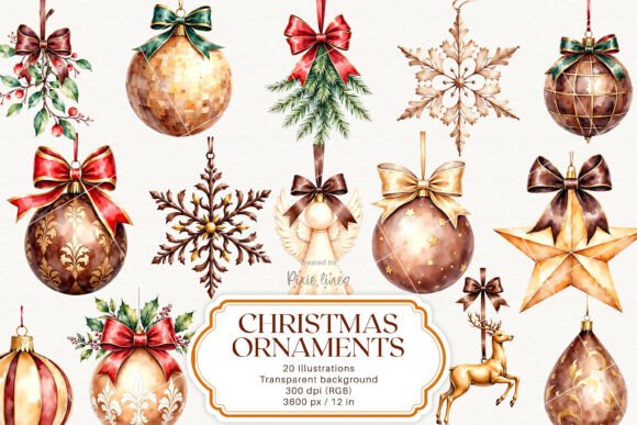 Christmas Tree Ornaments, New Year Decor Illustrations
