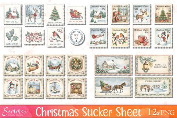 Christmas Vintage Postage Stamps Sticker: Illustrations Review