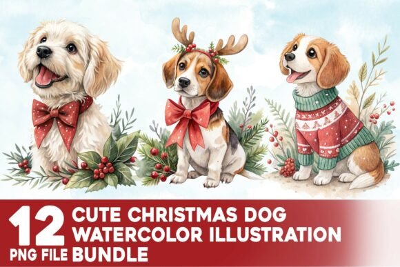 Cute Christmas Dog Watercolor Bundle: Festive Illustrations