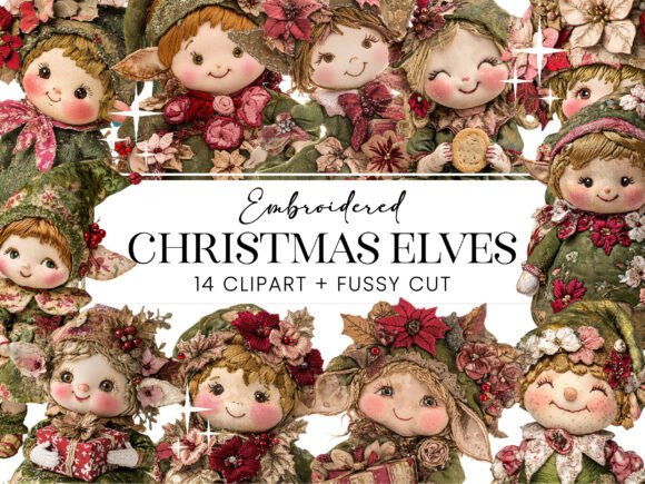 Embroidered Christmas Elves Clipart for Illustrations