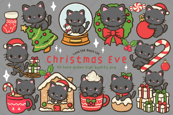 Kawaii Black Cat Christmas Eve Clipart: Illustrations