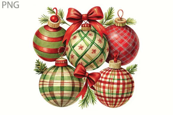 Patchwork Christmas Ornaments Bow PNG: Illustrations