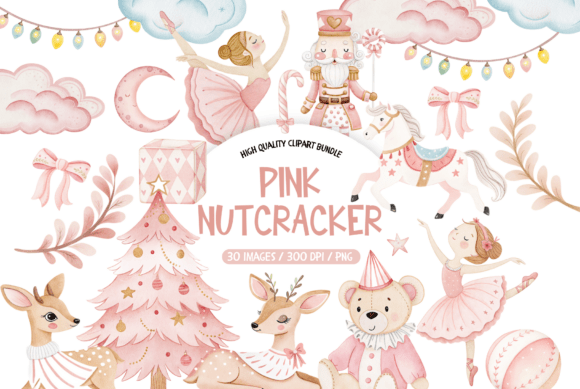 Pink Nutcracker Christmas Clipart Set: Illustrations