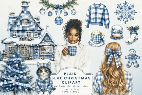 Plaid Blue Christmas Clipart: Illustrations for Sellers