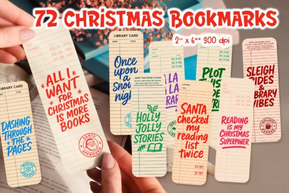 Retro Christmas Library Card Bookmark Illustrations