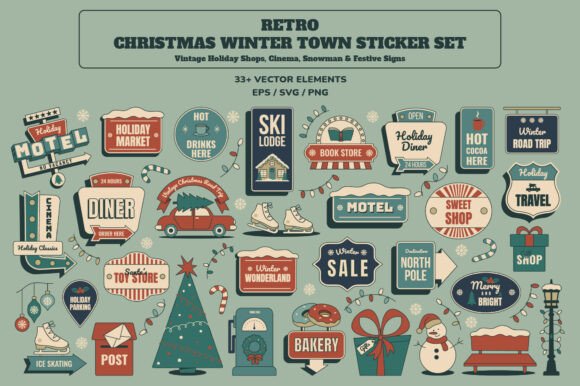 Retro Christmas Winter Town Stickers & Illustrations