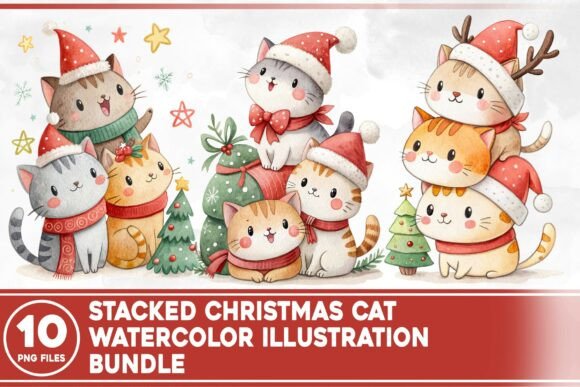 Stacked Christmas Cat Watercolor Bundle Illustrations