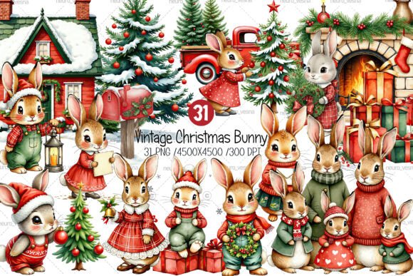Vintage Christmas Bunny Illustrations for Branding