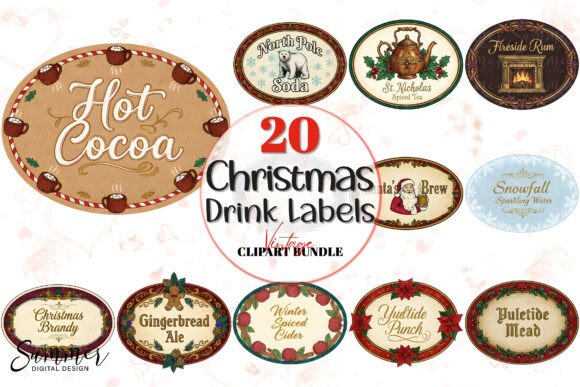Vintage Christmas Oval Drink Labels PNG: Illustrations Review