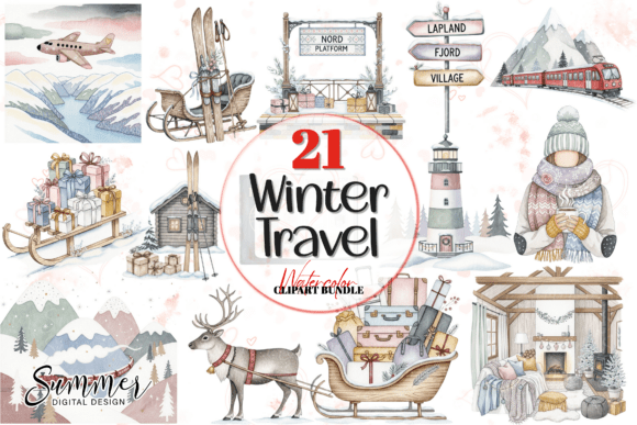 White Christmas Travel Clipart Bundle Illustrations